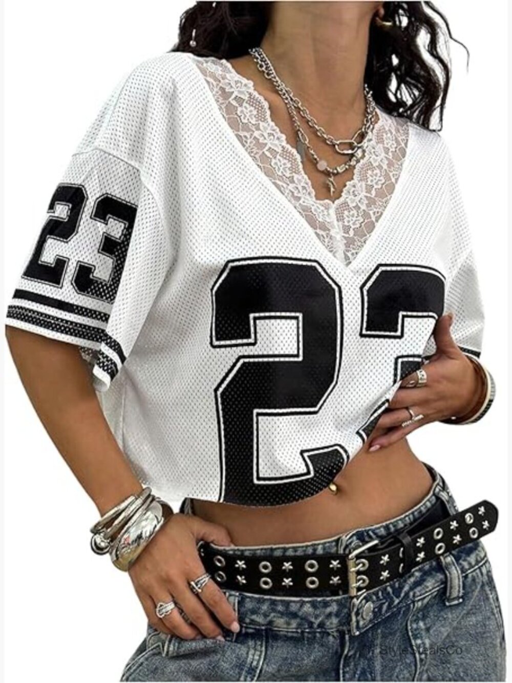 Y2k Jersey Crop Top with Lace Number Graphic V-Neck Tee
